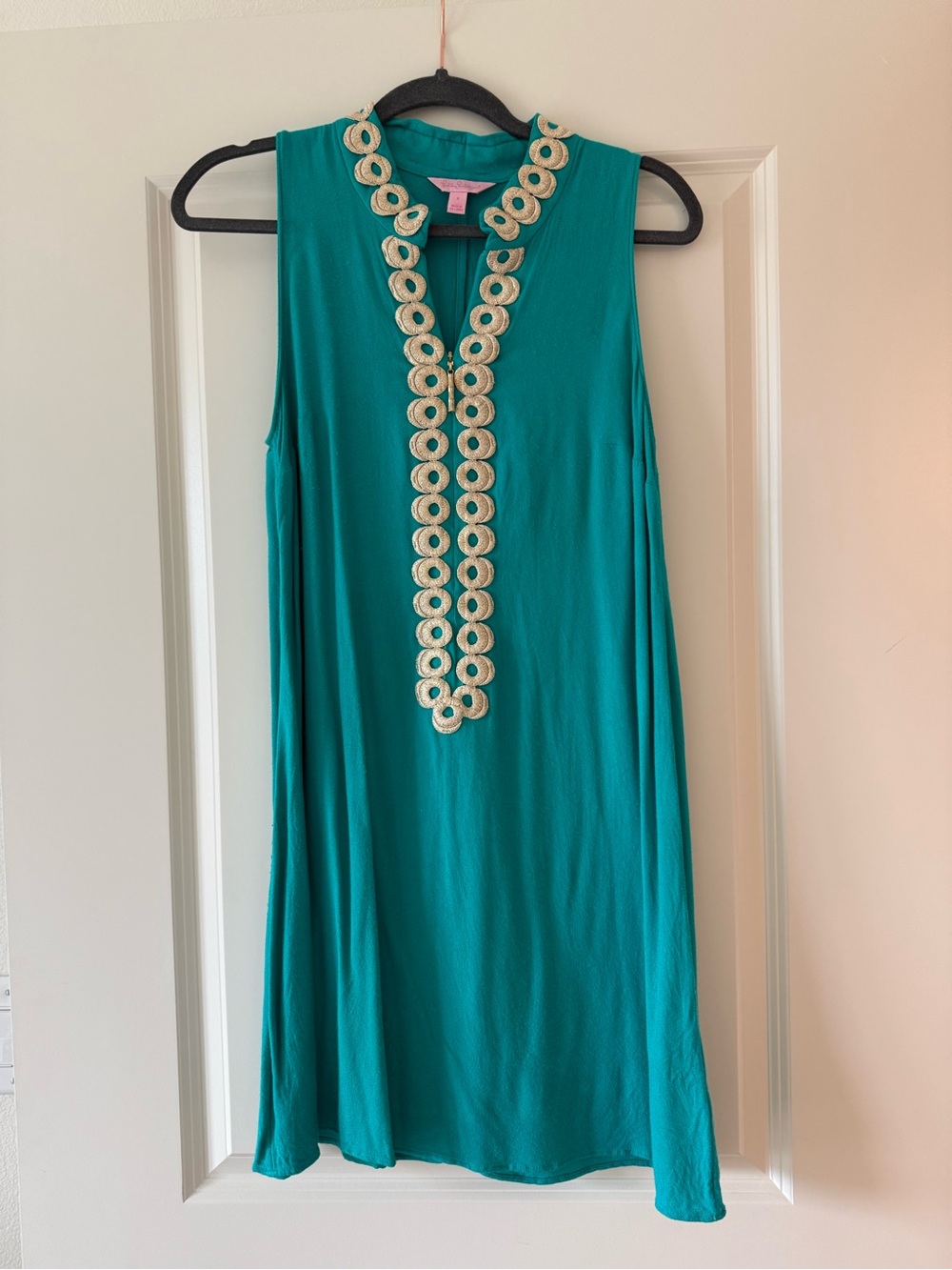 Lily Pulitzer Sleeveless Teal Dress with Gold Embellished Neckline